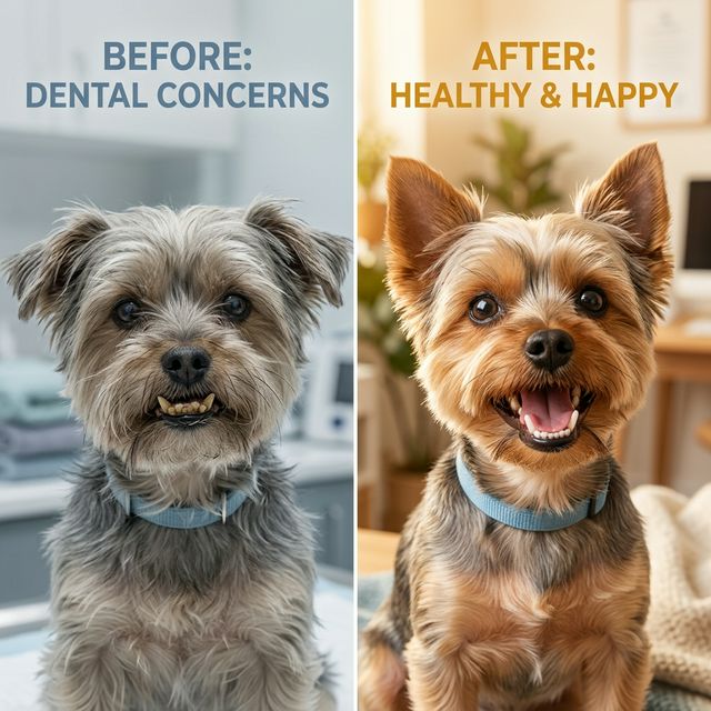 Dramatic before and after pet dental cleaning transformation showing sparkling clean teeth