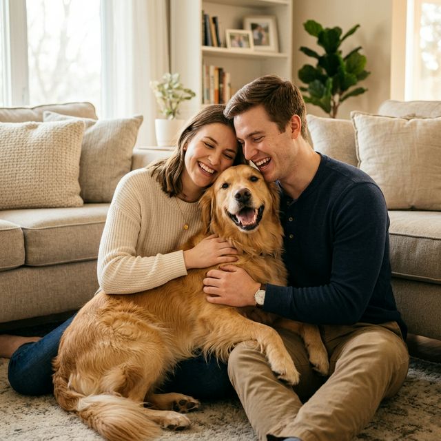 Happy family with their pet after a successful dental cleaning session